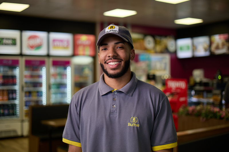 Colaborador sorridente na loja de conveniência Buffon