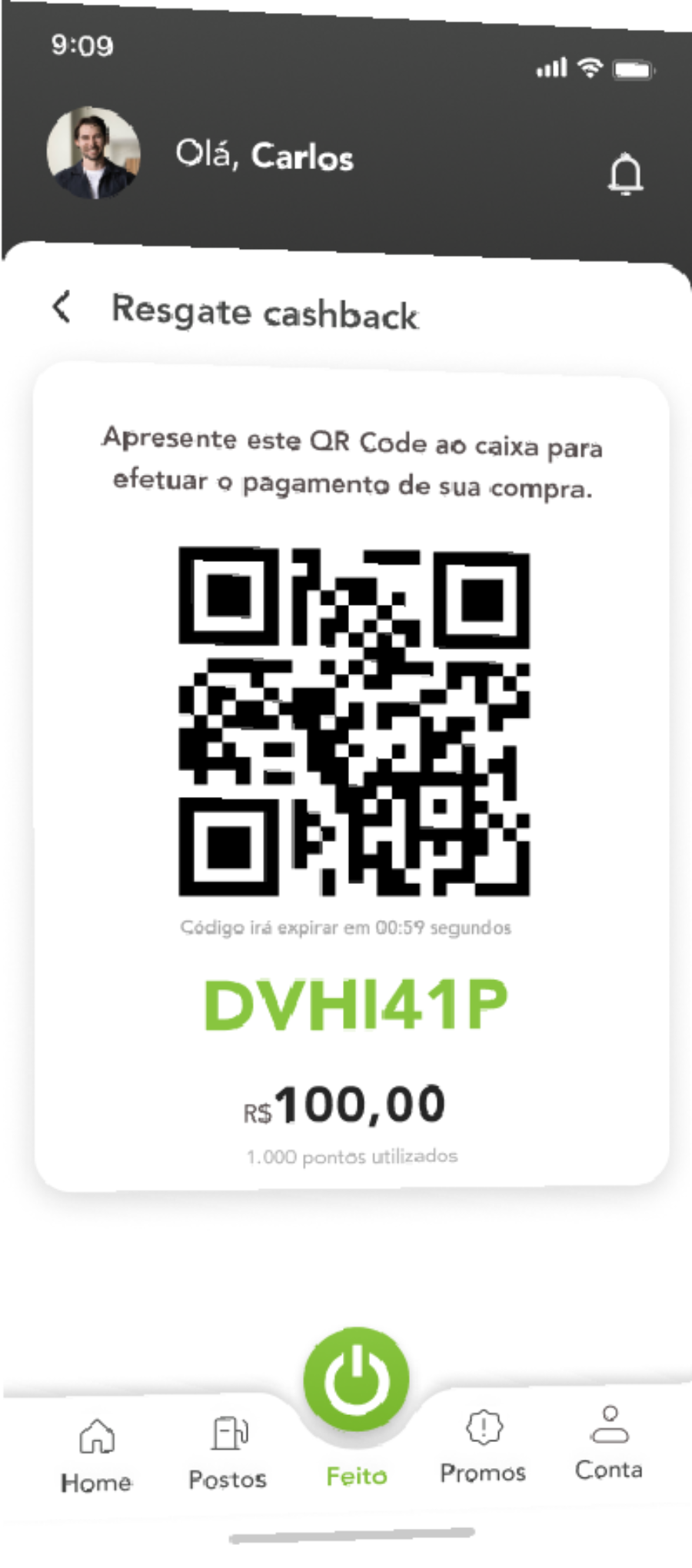 Tela de resgate de cashback do aplicativo feito
